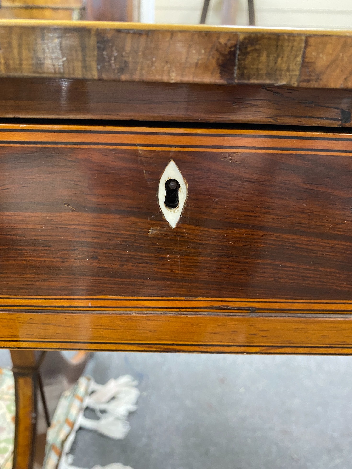 A George III satinwood banded faded rosewood sofa table, width 92cm, depth 69cm, height 74cm